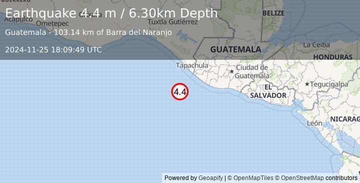 Earthquake OFF COAST OF CHIAPAS, MEXICO (4.4 m) (2024-11-25 18:09:49 UTC)