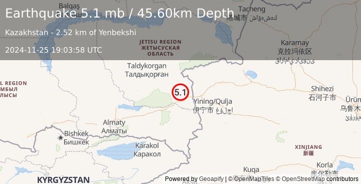 Earthquake EASTERN KAZAKHSTAN (5.1 mb) (2024-11-25 19:03:58 UTC)