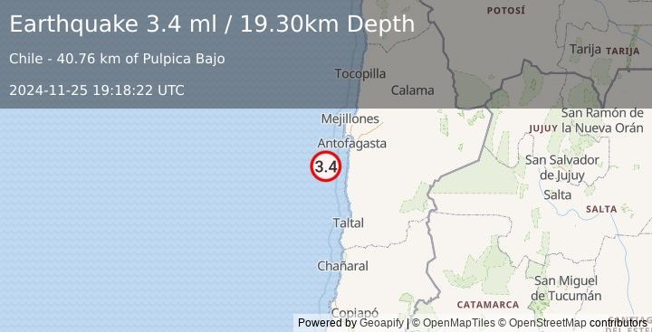 Earthquake OFF COAST OF ANTOFAGASTA, CHILE (3.4 ml) (2024-11-25 19:18:22 UTC)