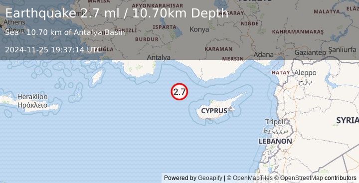 Earthquake CYPRUS REGION (2.7 ml) (2024-11-25 19:37:14 UTC)