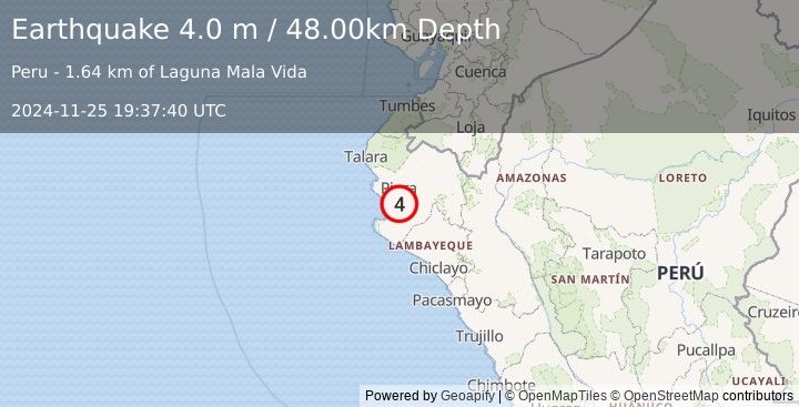 Earthquake NEAR COAST OF NORTHERN PERU (4.0 m) (2024-11-25 19:37:40 UTC)