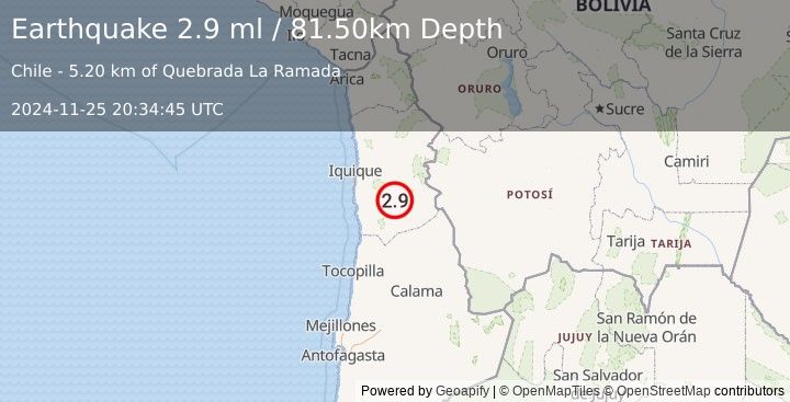 Earthquake TARAPACA, CHILE (2.9 ml) (2024-11-25 20:34:45 UTC)