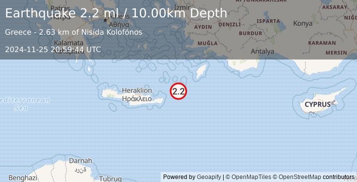 Earthquake CRETE, GREECE (2.2 ml) (2024-11-25 20:59:44 UTC)