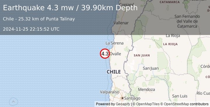 Earthquake OFFSHORE COQUIMBO, CHILE (4.3 mw) (2024-11-25 22:15:52 UTC)