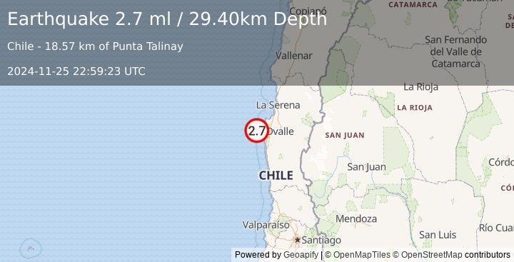 Earthquake OFFSHORE COQUIMBO, CHILE (2.7 ml) (2024-11-25 22:59:23 UTC)