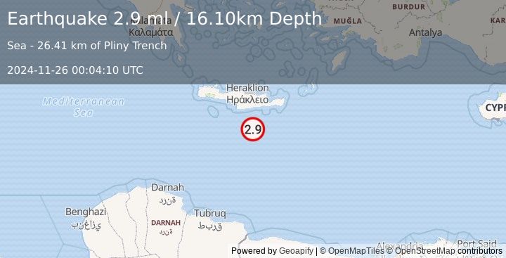 Earthquake CRETE, GREECE (2.9 ml) (2024-11-26 00:04:10 UTC)