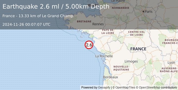 Earthquake BAY OF BISCAY (2.6 ml) (2024-11-26 00:07:07 UTC)