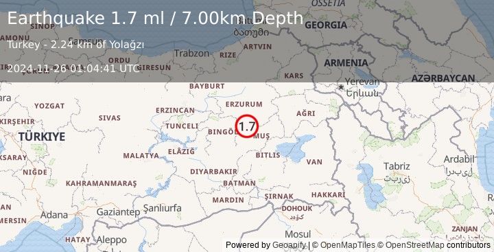 Earthquake EASTERN TURKEY (1.7 ml) (2024-11-26 01:04:41 UTC)