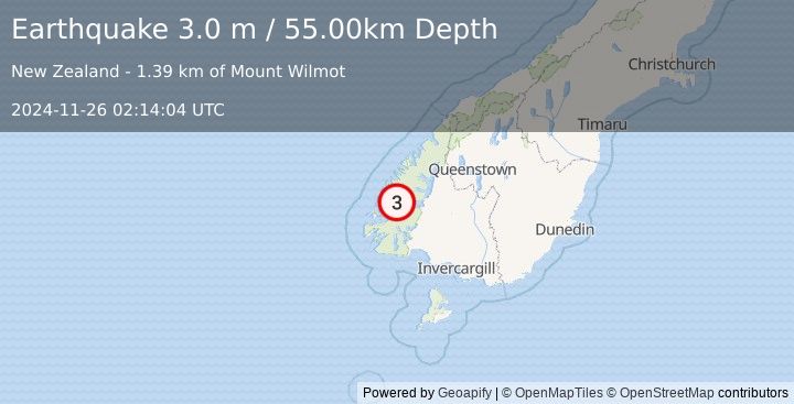 Earthquake SOUTH ISLAND OF NEW ZEALAND (3.0 m) (2024-11-26 02:14:04 UTC)