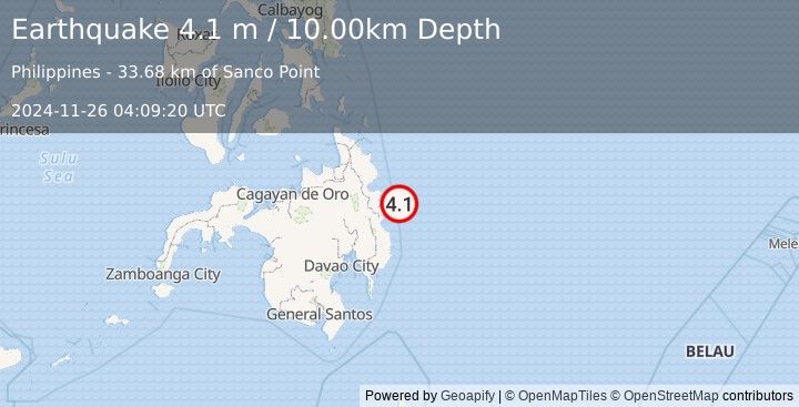 Earthquake MINDANAO, PHILIPPINES (4.1 m) (2024-11-26 04:09:20 UTC)