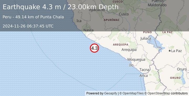 Earthquake NEAR COAST OF SOUTHERN PERU (4.3 m) (2024-11-26 06:37:45 UTC)