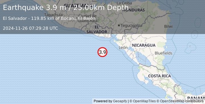 Earthquake OFF THE COAST OF EL SALVADOR (3.9 m) (2024-11-26 07:29:28 UTC)