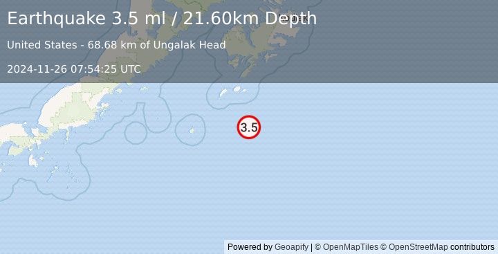 Earthquake SOUTH OF ALASKA (3.5 ml) (2024-11-26 07:54:25 UTC)