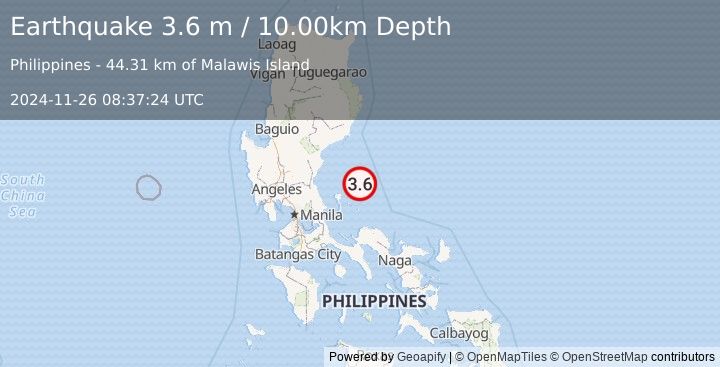 Earthquake PHILIPPINE ISLANDS REGION (3.6 m) (2024-11-26 08:37:24 UTC)