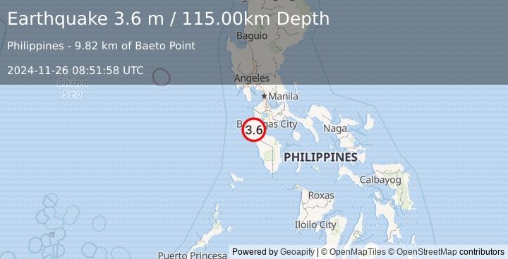 Earthquake MINDORO, PHILIPPINES (3.6 m) (2024-11-26 08:51:58 UTC)