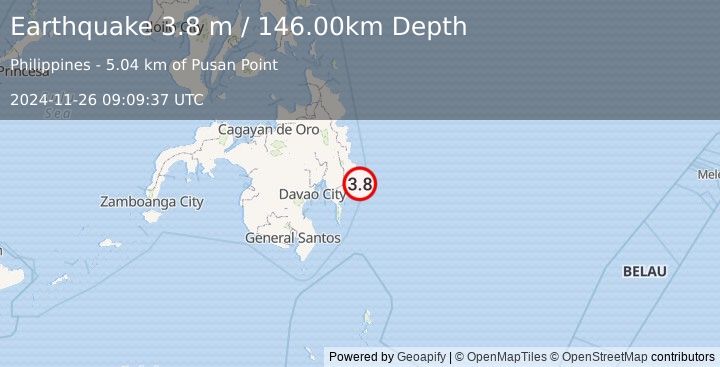 Earthquake MINDANAO, PHILIPPINES (3.8 m) (2024-11-26 09:09:37 UTC)