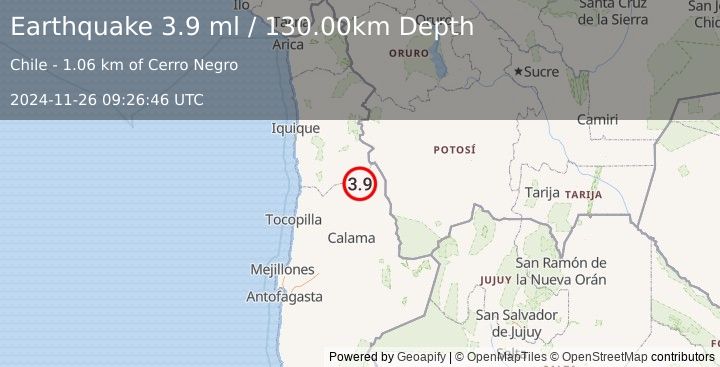 Earthquake ANTOFAGASTA, CHILE (3.9 ml) (2024-11-26 09:26:46 UTC)