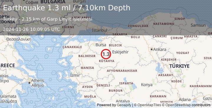 Earthquake WESTERN TURKEY (1.3 ml) (2024-11-26 10:09:05 UTC)