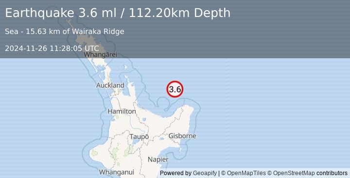 Earthquake OFF E. COAST OF N. ISLAND, N.Z. (3.6 ml) (2024-11-26 11:28:05 UTC)