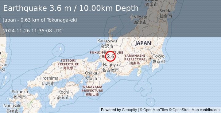 Earthquake WESTERN HONSHU, JAPAN (3.6 m) (2024-11-26 11:35:08 UTC)