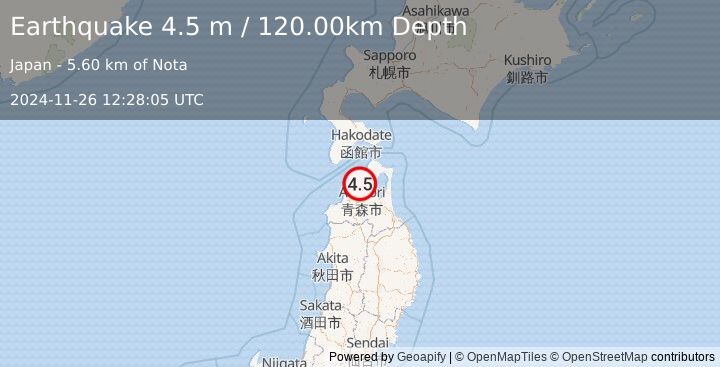 Earthquake HOKKAIDO, JAPAN REGION (4.5 m) (2024-11-26 12:28:05 UTC)