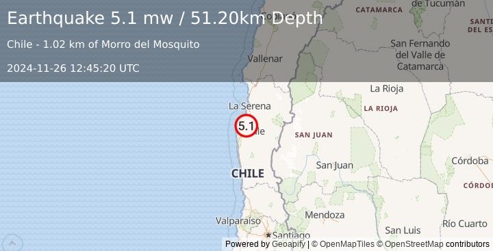 Earthquake COQUIMBO, CHILE (5.1 mw) (2024-11-26 12:45:20 UTC)