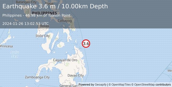 Earthquake MINDANAO, PHILIPPINES (3.6 m) (2024-11-26 13:02:53 UTC)