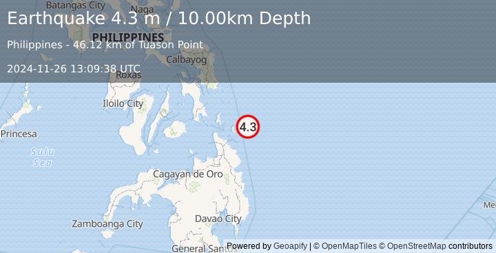 Earthquake MINDANAO, PHILIPPINES (4.3 m) (2024-11-26 13:09:38 UTC)