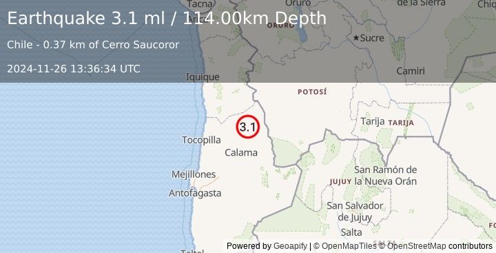 Earthquake ANTOFAGASTA, CHILE (3.1 ml) (2024-11-26 13:36:34 UTC)