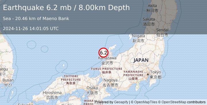 Earthquake NEAR WEST COAST OF HONSHU, JAPAN (6.2 mb) (2024-11-26 14:01:05 UTC)