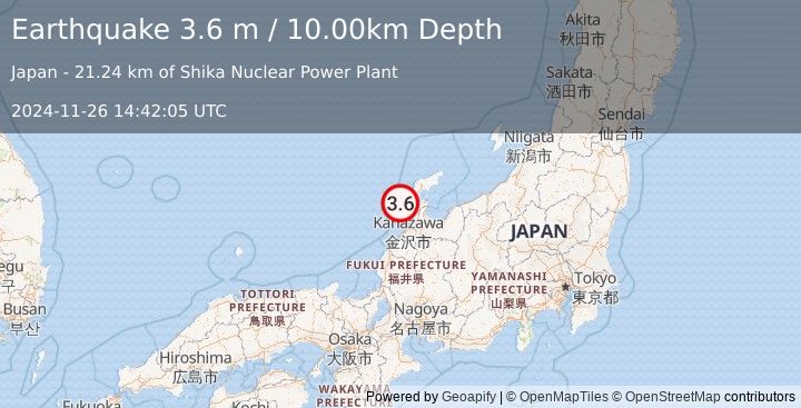 Earthquake NEAR WEST COAST OF HONSHU, JAPAN (3.6 m) (2024-11-26 14:42:05 UTC)