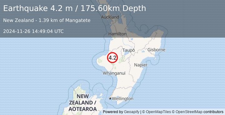 Earthquake NORTH ISLAND OF NEW ZEALAND (4.2 m) (2024-11-26 14:49:04 UTC)