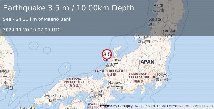 Earthquake NEAR WEST COAST OF HONSHU, JAPAN (3.5 m) (2024-11-26 16:07:05 UTC)