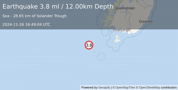 Earthquake OFF W. COAST OF S. ISLAND, N.Z. (3.8 ml) (2024-11-26 16:49:04 UTC)