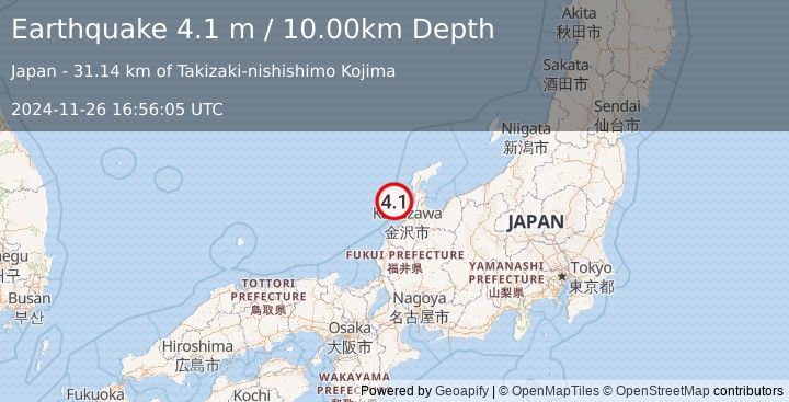 Earthquake NEAR WEST COAST OF HONSHU, JAPAN (4.1 m) (2024-11-26 16:56:05 UTC)