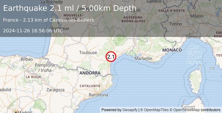 Earthquake NEAR SOUTH COAST OF FRANCE (2.1 ml) (2024-11-26 16:56:06 UTC)