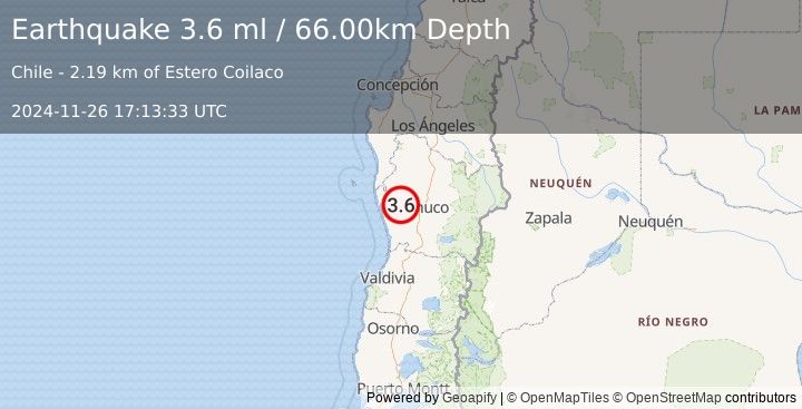 Earthquake ARAUCANIA, CHILE (3.6 ml) (2024-11-26 17:13:33 UTC)