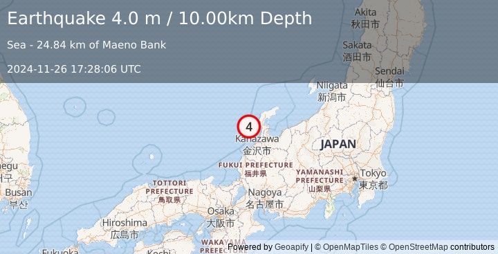 Earthquake NEAR WEST COAST OF HONSHU, JAPAN (4.0 m) (2024-11-26 17:28:06 UTC)