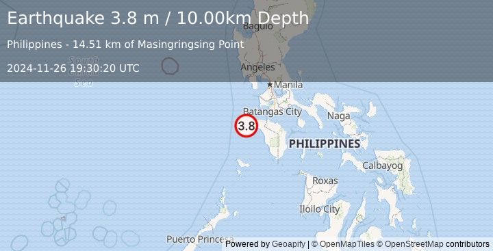 Earthquake MINDORO, PHILIPPINES (3.8 m) (2024-11-26 19:30:20 UTC)