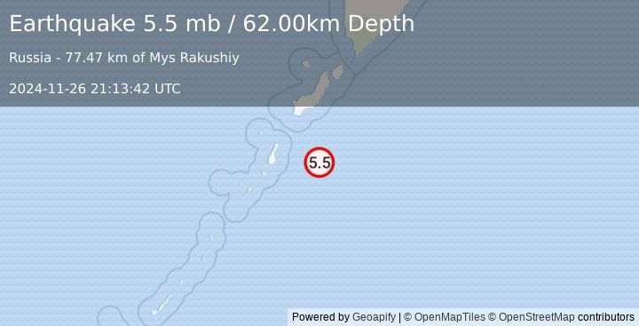 Earthquake KURIL ISLANDS (5.5 mb) (2024-11-26 21:13:42 UTC)