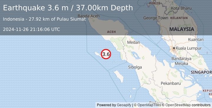 Earthquake SIMEULUE, INDONESIA (3.6 m) (2024-11-26 21:16:06 UTC)