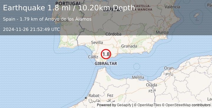 Earthquake STRAIT OF GIBRALTAR (1.8 ml) (2024-11-26 21:52:49 UTC)