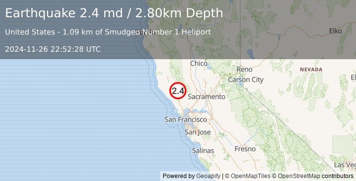 Earthquake NORTHERN CALIFORNIA (2.4 md) (2024-11-26 22:52:28 UTC)