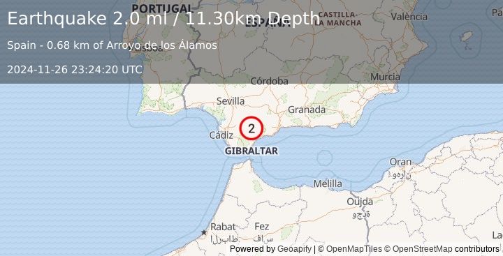 Earthquake STRAIT OF GIBRALTAR (2.0 ml) (2024-11-26 23:24:20 UTC)