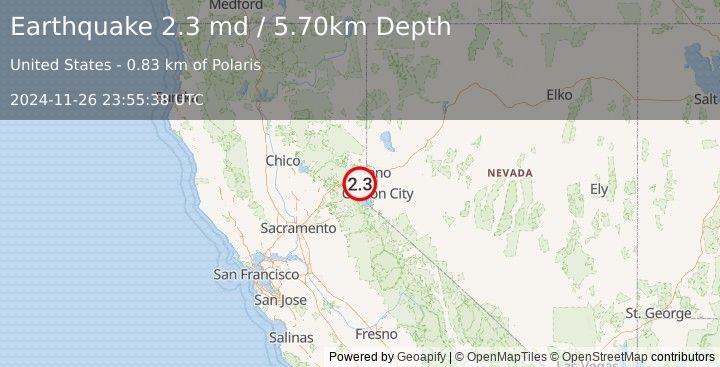 Earthquake NORTHERN CALIFORNIA (2.3 md) (2024-11-26 23:55:38 UTC)