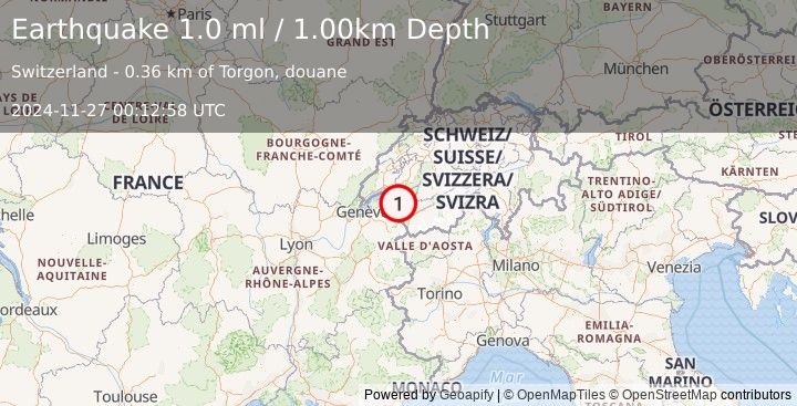 Earthquake SWITZERLAND (1.0 ml) (2024-11-27 00:12:58 UTC)