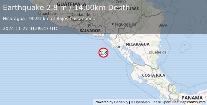 Earthquake NEAR COAST OF NICARAGUA (2.8 m) (2024-11-27 01:09:47 UTC)