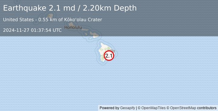 Earthquake ISLAND OF HAWAII, HAWAII (2.1 md) (2024-11-27 01:37:54 UTC)