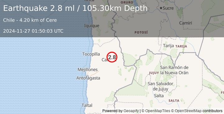 Earthquake ANTOFAGASTA, CHILE (2.8 ml) (2024-11-27 01:50:03 UTC)