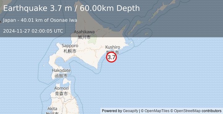 Earthquake HOKKAIDO, JAPAN REGION (3.7 m) (2024-11-27 02:00:05 UTC)